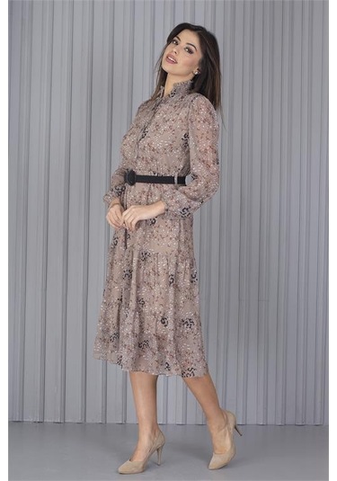 Neşeli Butik Kadın Kemerli Leopar Desenli Yeni Sezon Midi Boy Şifon Elbise Apcx04 Bej