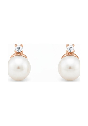 Dört Tırnaklı Pırlantalı 0,106 Karat İnci Küpe 7 Mm Rose