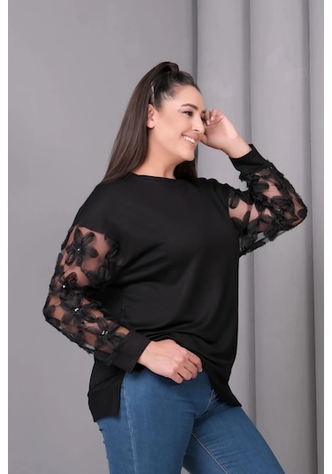 Kolları Tül Çiçek Aplikeli Bluz Siyah