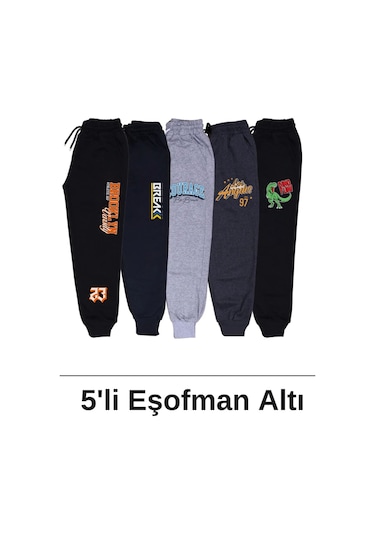 Fyk Kids Baskı Detaylı Cepli Paça Lastikli Erkek Çocuk Eşofman Altı 5'li - Çok Renkli