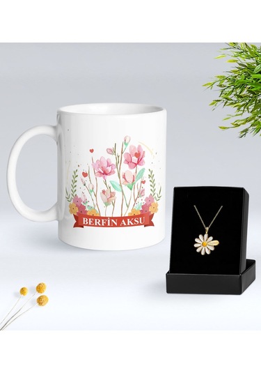 Bk Gift Kişiye Özel İsimli Çiçek Tasarımlı Beyaz Kupa Ve Papatya Kolye Hediye Seti - 16, Sevgiliye Hediye, Anneye Hediye, Arkadaşa Hediye Kobitmeyenco