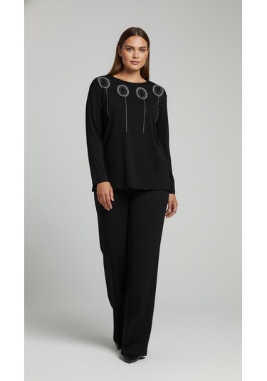 Taş Desenli Uzun Kollu Bambu Viskon Kumaş Bluz Siyah