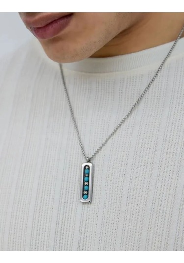 Erkek 316l Firuze Doğal Taşlı Turkuaz Çelik Kolye 9134 Gümüş