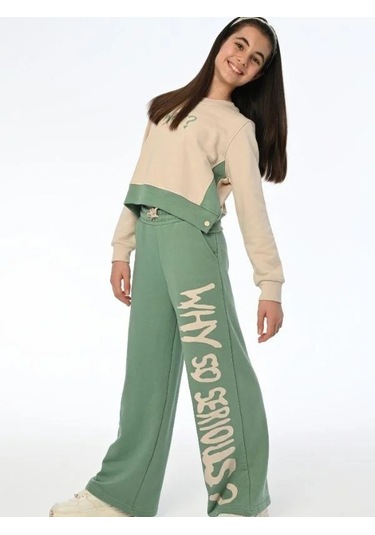 Kız Çocuk Why Yazılı Yanlardan Çıt Çıtlı Bol Paça Eşofman Takım-13538 Yeşil