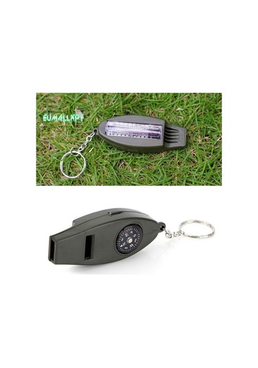 Acil Durum Düdüğü Pusula Büyüteç Termometre Net Ses Anahtarlık Tasarımı 4'ü 1 Arada Siyah