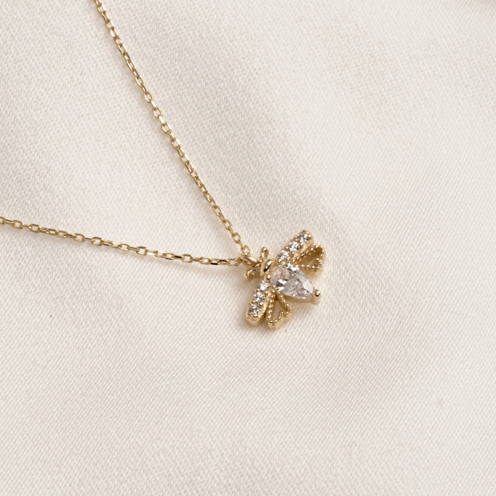 Gümüş Kolye - Oval Zirkon Taşlı Arı 925 Ayar Gümüş Kolye Sarı