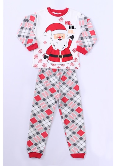 Çocuk Yılbaşı Pijama Takımı Noel Baba Baskılı Ribanalı D8 KREM Krem