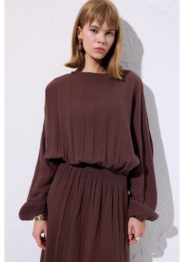 Müslin Beli Büzgülü Elbise Kahverengi Kahverengi