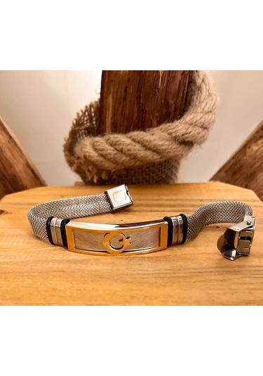 Türk Bayrağı Figürlü Hasır Hafif Kordon Çelik Erkek Bileklik 23cm