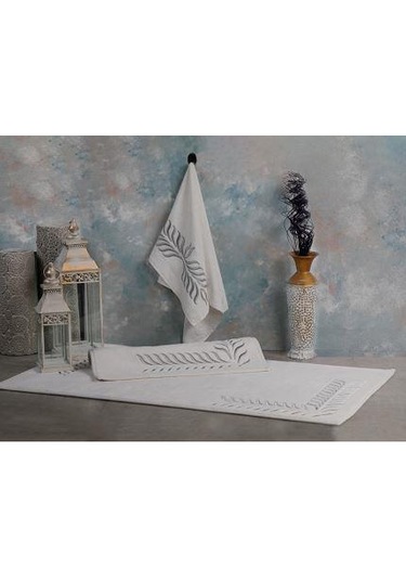 Leydi Home Balıksırtı Gümüş Nakış Banyo Paspası 3 Parça Gümüş