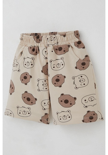 Breeze Erkek Bebek Şortlu Takım Havalı Ayıcık Baskılı 9 Ay-3 Yaş, Bej Bej