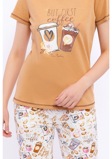 Pierre Cardin But First Coffee Camel Kadın Pijama Takımı 5274-29062 Camel