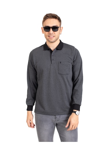 Erkek Orta Yaş ve Üzeri Polo Yaka Cepli Uzun Kollu Fitilli Mevsimlik Sweatshirt 1219-Füme-Füme