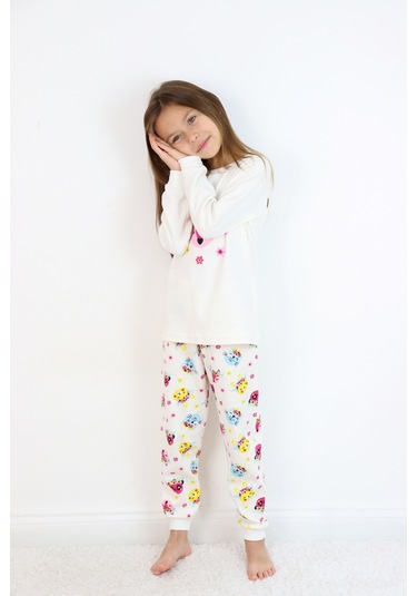 Kız Çocuk Orta Kalınlıkta Basic Baskılı Pijama Takımı Ekru
