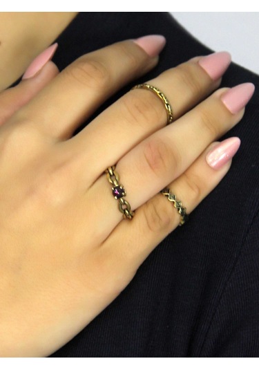 Doğal Taşlı 3'lü Garnet Lal Doğal Taşlı Zincir Modelli Kadın Ayarlanabilir Yüzük Seti Euy83 Kırmızı