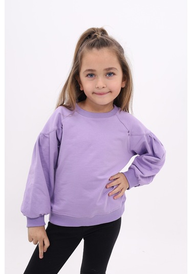 Toontoy Kız Çocuk Relax Fit Bisiklet Yaka Büzgülü Reglan Kol Sweatshirt - 2 İplik Lila