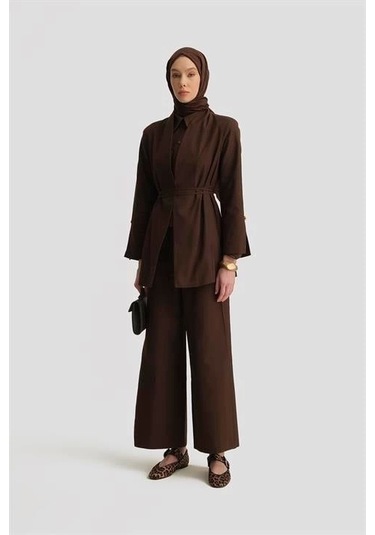 Armine Beli Bağlamalı Blazer Takım 25y6007 Kahverengi Kahverengi