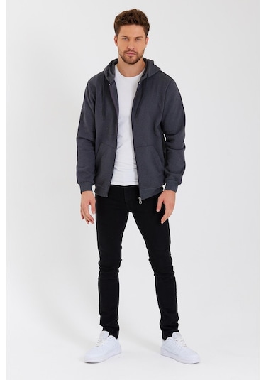 Comeor Kanguru Cepli Kapüşonlu Fermuarlı İçi Pamuklu Erkek Sweatshirt Antrasit 001 Antrasit