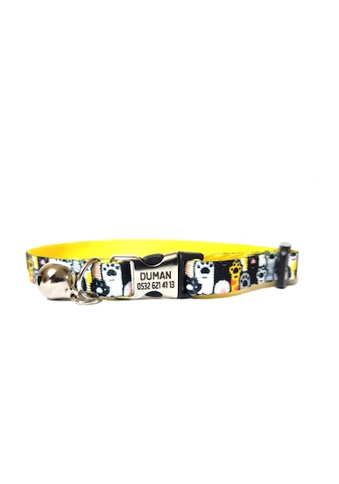 Metal kilitli isimli kedi tasması, kedi isimlik, pati desenli