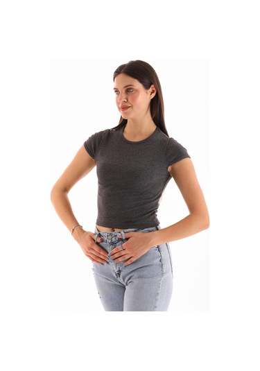 Kadın Likralı Kısa Kol Crop Bluz Antrasit