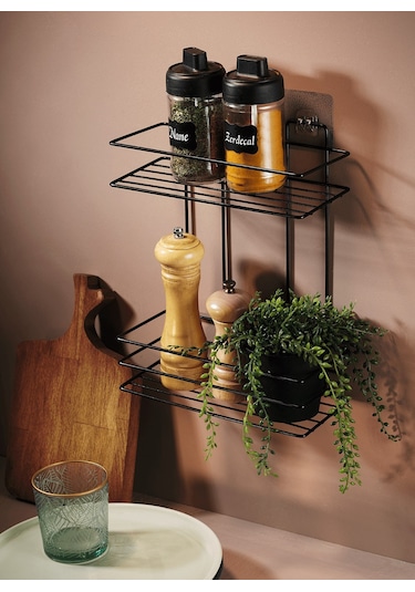 2 Katlı Siyah Mutfak Askısı, Baharatlık Rafı - Duvara Monte, Yapıştır/vidala, Paslanmaz Metal 26 X 33cm Tş-02 Siyah