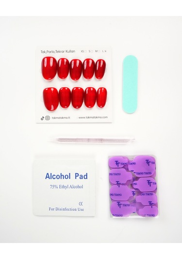 15'li Kırmızı Kısa Oval Kov1561 Tekrar Kullanılabilir El Yapımı Protez Takma Tırnak S