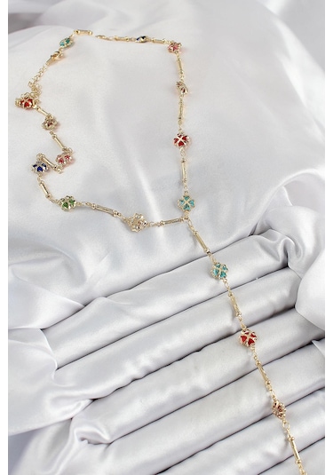 Pirinç Asorti Kalpli Yonca Model Gold Renk Zirkon Taşlı Y Kolye Çok Renkli