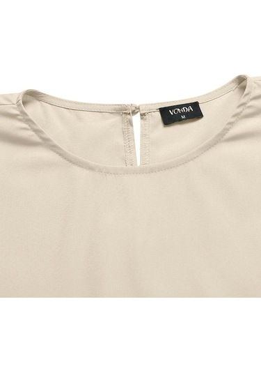 Bej Vonda Yaz Kadın Kısa Kollu Bisiklet Yaka Tunik Üstleri Rahat Düz Renk Pilili Bluz T-shirt S-5xl