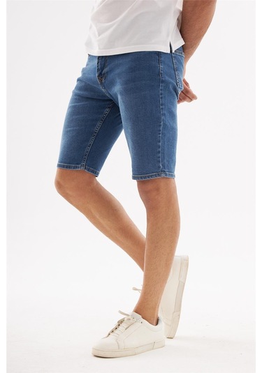 Erkek Yıpratmalı Slim Fit Likralı Kot Jean Şort Mavi