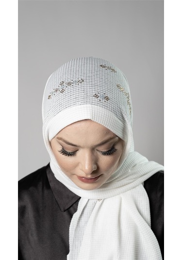 Beyaz Pratik Hazır Geçmeli Tesettür Şal Örme Kumaş Taşlı Çiçek Desenli 2118c 42