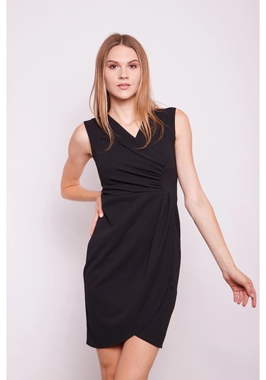 Kruvaze Anvelop Önü Büzgülü Şal Yakalı Kolsuz Likralı Krep Kumaş Elbise-siyah Siyah