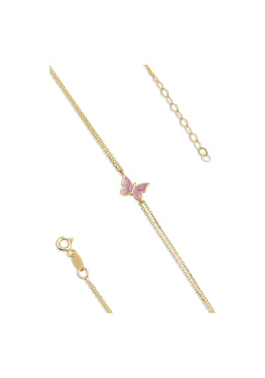 Fiyonk Kuyumculuk 14 Ayar Altın Pembe Mineli Kelebek Bileklik 001