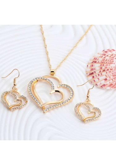 Çok Şık ,Taş İşlemeli, Kalp Takı Seti Kolye Küpe18Gp Sevgililer