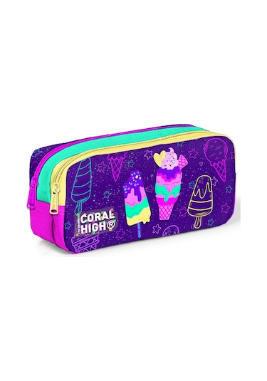Coral High Kids Mor Pembe Dondurma Desenli İki Bölmeli Kalem Çantası 12088