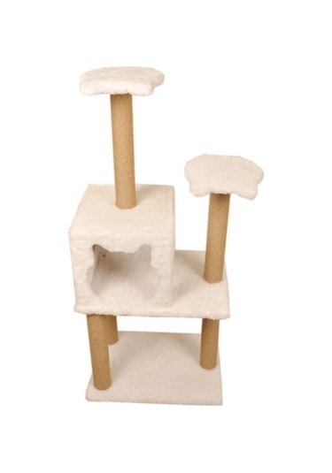 Pribor Üç Katlı Yuvalı Lüx Kedi Tırmalama Platformu Ve Kedi Oyun Evi Beyaz 118 Cm