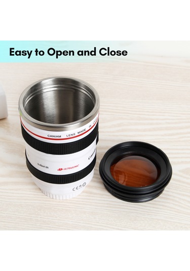 Geeksen Fotoğrafçılar İçin Özel Kamera Lensli Termos Kahve Kupası - 400ml Sızdırmaz Çelik Seyahat Bardağı Beyaz