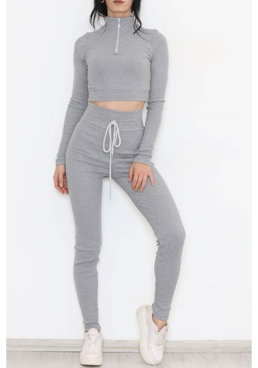 Mokashopin - Fermuarlı Crop Takım Gri - 12130.1748. 001