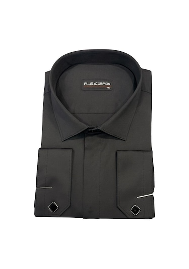 Erkek Klasik Gömlek Pamuklu Esnek Kumaş,slim Fit Uzun Kollu, Fransız Manşetli Plus Scorpion Siyah