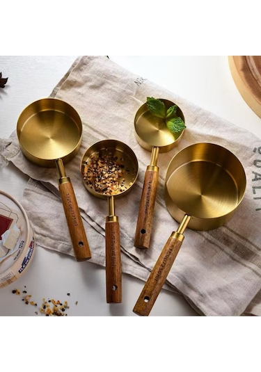 Mucit Home 4 Lü Büyük Boy Gold Paslanmaz Çelik Ahşap Saplı Ölçü Kaşığı Gold