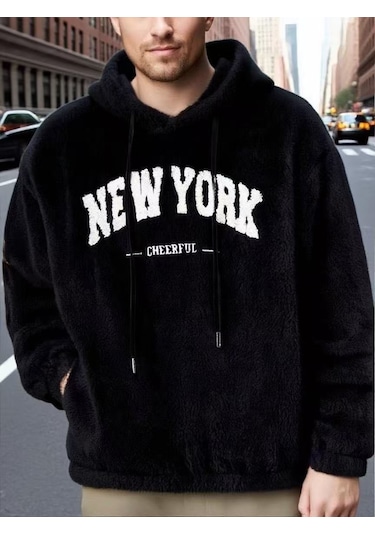 Avrupa Ve Amerikan Baskılı Moda Marka Kapüşonlu Büzme İpli Kazak Gündelik Spor Tarzı Erkek Ceketi Siyah