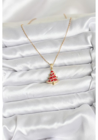 316l Çelik Zincir Gold Renk Kırmızı Çam Ağacı Model Yılbaşı Temalı Kadın Kolye - Tj-bko10714 Gümüş