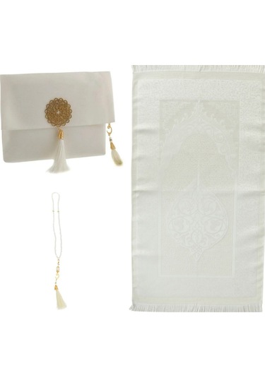 Şantuk Keseli Tafta Seccade Ve İnci Vavlı Tesbih Set , Taşınabilir Namaz Seti Krem