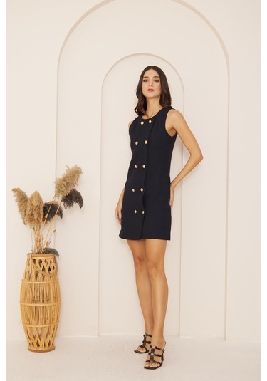 Lacivert Kolsuz Önü Düğmeli Tweed Elbise Dm1010