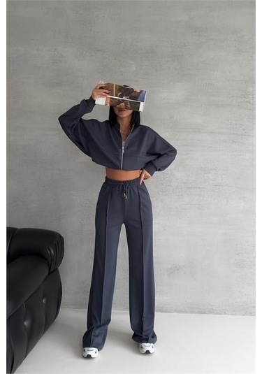 Neşeli Butik Kadın Likralı Yazlık Kumaş Çımalı Eşofman Takımı Nbg001 Antrasit