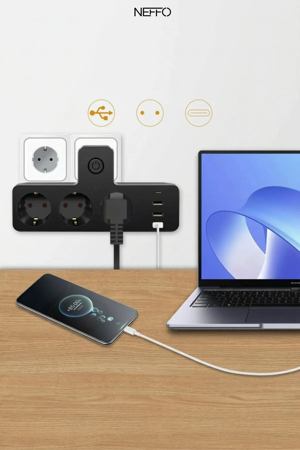 Akım Termal Çocuk Korumalı 3x Usb 1x Type-c Girişli 3lü Priz 1