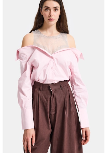 Itsbasic Kadın Pembe Oversize Tül Dantelli Özel Tasarım Gömlek