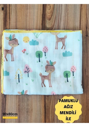 Desenli Müslin Kız Erkek Bebek Battaniyesi Oeko-texli %100 Pamuklu D Puset Örtüsü Yenidoğan 90x80cm Sarı