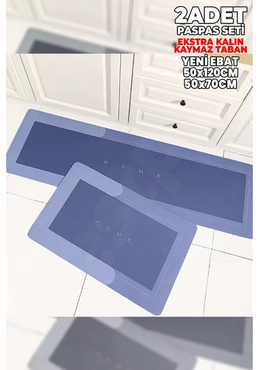 2 Adet Mavi Ekstra Kalın 50x120 50x70 Su Emici Kaymaz Taban Mavi
