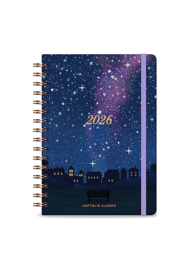 2026 A5 Spiralli Renkli Haftalık Ajanda 12 Aylık Motivasyon Sayfalı Galaksi Galaksi