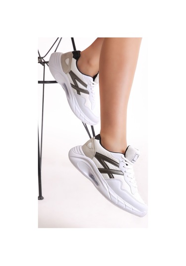 Tonny Black Kadın Beyaz Siyah Faylon Taban Şeritli Bağcıklı Spor Ayakkabı Beyaz - Siyah